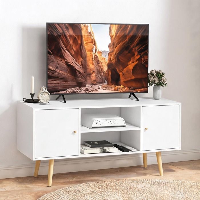 Meuble TV blanc panneaux de particules et bois 120 cm style scandinave 2 portes 2 niches