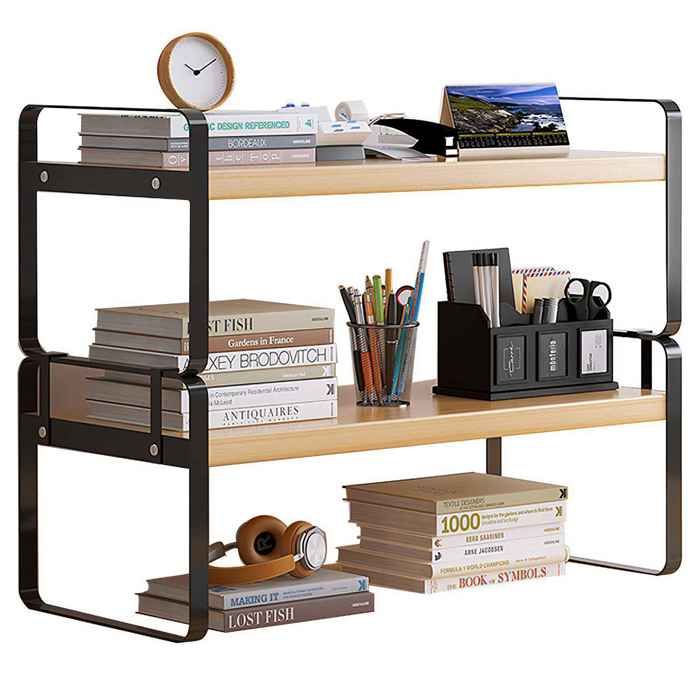 Étagère de bureau 2 niveaux en fer noir et bois naturel 50 cm bibliothèque de table rangement chambre salon bureau