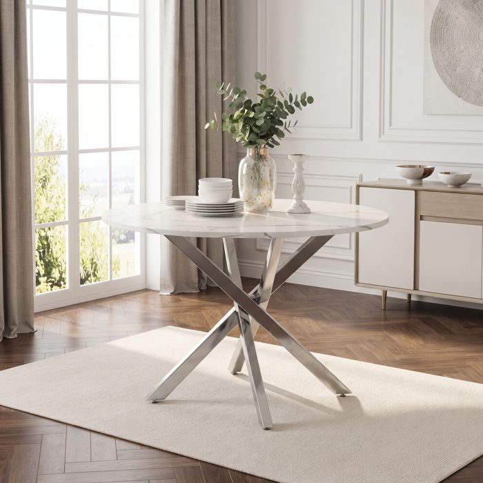 Table à manger ronde 80 cm – blanc marbre et argent – pieds métalliques chromés