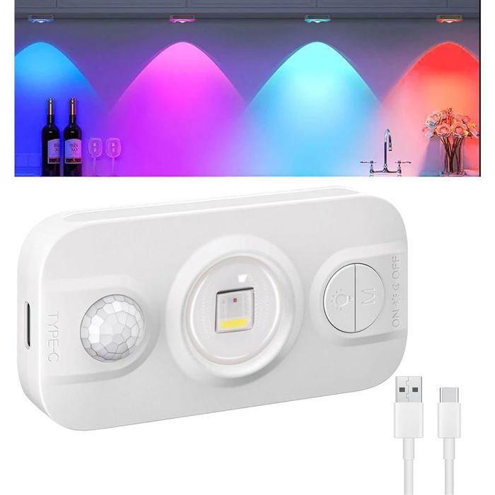 Éclairage de vitrine avec détecteur de mouvement mini éclairage LED 7 couleurs pour chambres escaliers cuisines placards