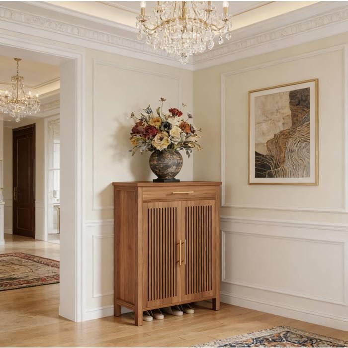 MEULVA Meuble à chaussures 5 niveaux avec tiroir portes à lattes MDF et métal marron aspect bois