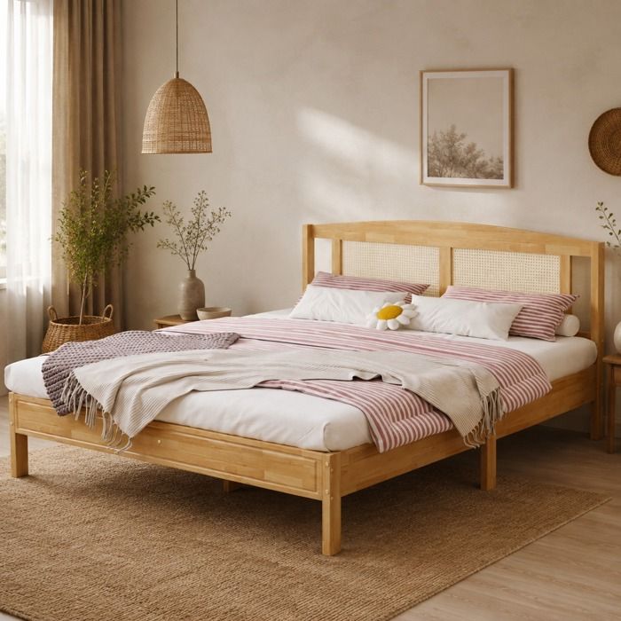 Lit double 160x200 cm en bois et rotin PE sommier à lattes 15 lattes pieds centraux montage facile TYNQER