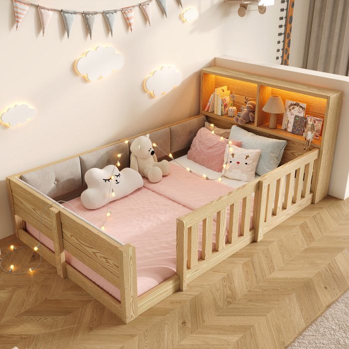 NuvlaGu - Lit enfant 90x200 cm Cadre de lit avec panneaux latéraux rembourrés éclairage LED et espace de rangement - Naturel