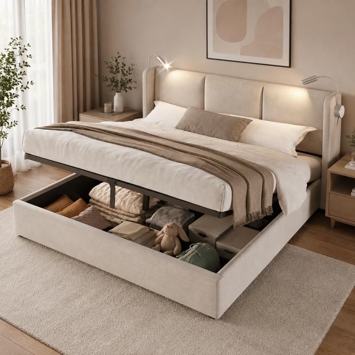 Lit coffre 160x200 avec sommier à lattes Lit double capitonné 160x200 avec lampe de lecture USB et rangement en lin beige