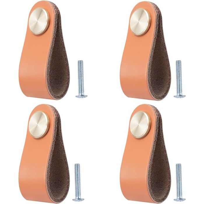 Lot de 4 Poignée Meuble Cuir Bouton de Portes Pcard Poignee Cuir Bouton de Tiroir Poignee de Meuble Vintage Orange