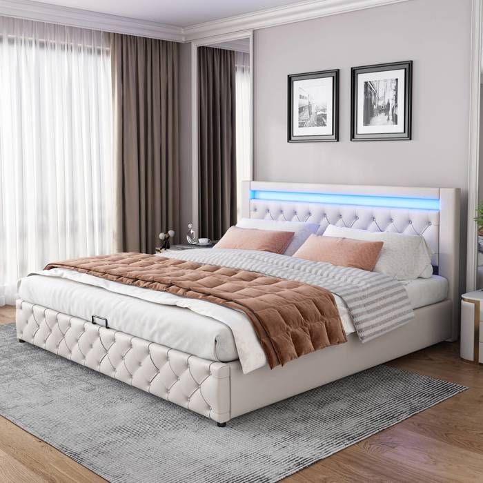 Lit 180x200 cm blanc sommier rangement intégré éclairage led sans matelas
