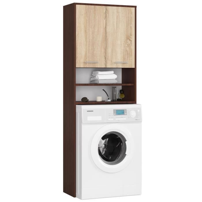 Mueble pour machine à laver FIN Wengé 64 cm 2 portes façade Chêne Sonoma 4 étagères 64x30x180 cm