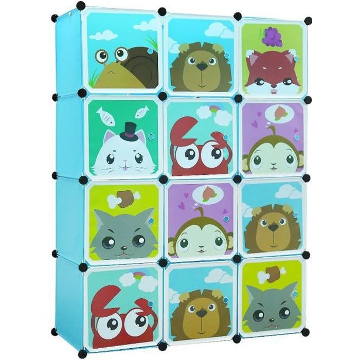 Armoire enfant en plastique à assembler - Bleu - 2 portes - 8 cubes de rangement
