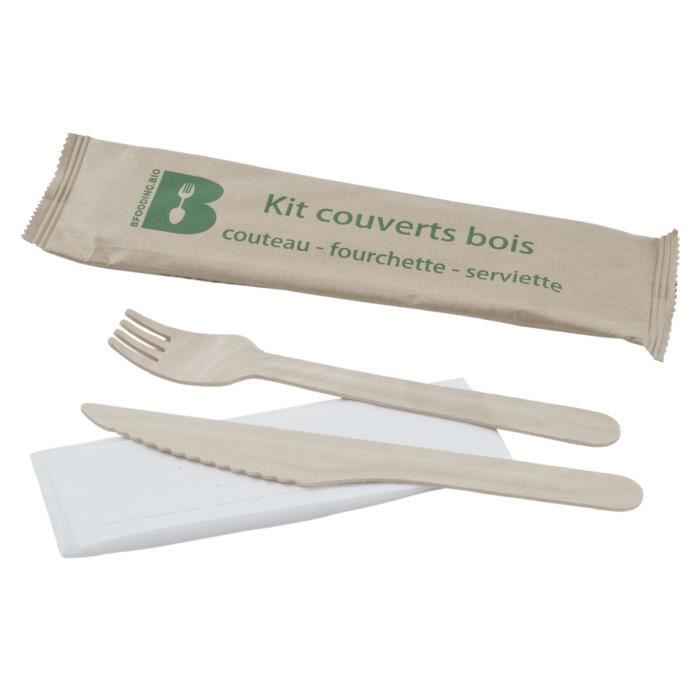 250 Kits Couverts Jetables En Bois - Fourchette/Couteau/Cuillère/Serviette - Écologiques