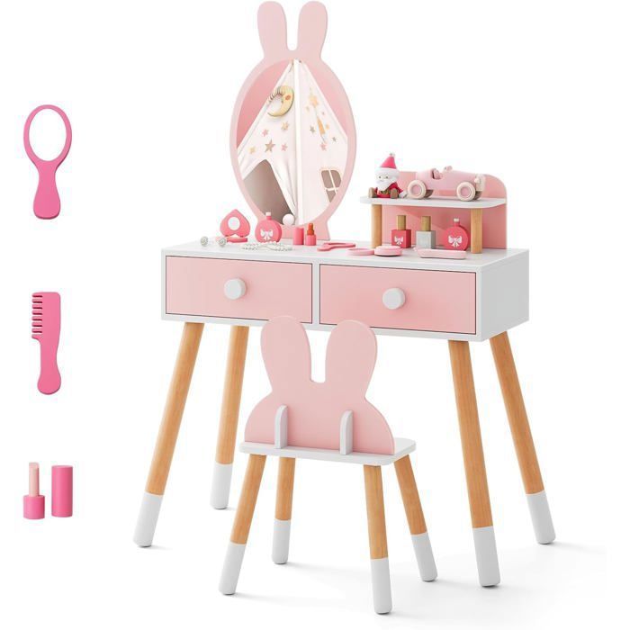 COSTWAY Coiffeuse Enfant avec Chaise et Miroir en Forme Lapin Table de Maquillage 2 Tiroirs et Étagère en Bois Rose