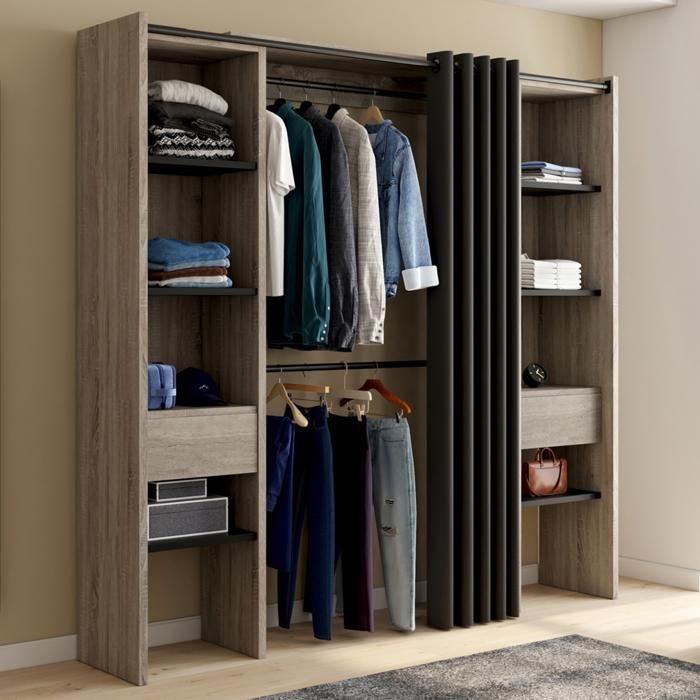 IDMARKET Dressing extensible double MERYL 120/180 x 50 x 180 cm hêtre avec étagères hêtre + double penderie + rideau noir IDMARKET Dressing extensible double MERYL 120/180 x 50 x 180 cm hêtre avec étagères hêtre + double penderie + rideau noir