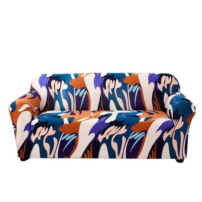 Housse de Canapé 2 Places INSFITY Imprimé Extensible Bleu - Déhoussable et Lavable - Pour Longueur de 145-185 cm