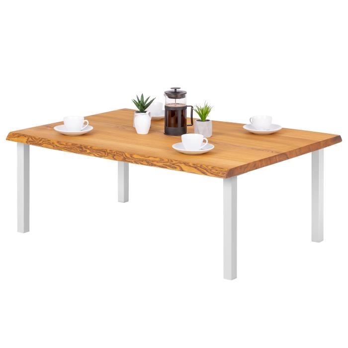 lamo manufaktur table basse en bois - salon - bord naturel - 120x80x47cm - frêne rustique - pieds métal blanc - modèle classic