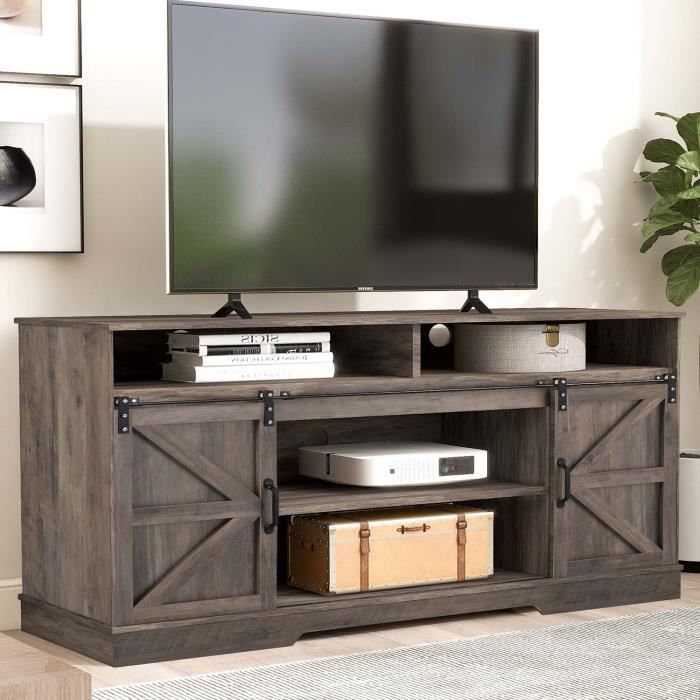 meuble tv style industriel, banc tv, 2 portes coulissantes, étagères réglables rustique gris 150x40x81.5cm