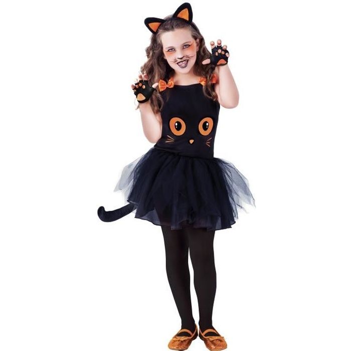 Déguisement chat noir fille - 5 à 7 ans - Tutu, tee-shirt, queue, mitaines, serre-tête et collants