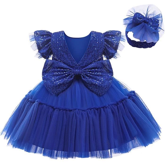 Robe de Princesse Robe de Baptême Bébé Fille Robe 2 Pièces + Bandeau 1-6  Ans, Bleu