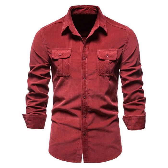 Vintage Chemise rouge cerise pour homme à manches longues en coton, taille XL - France
