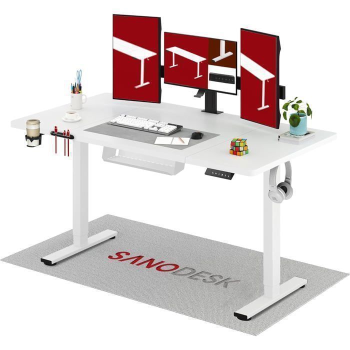SANODESK Bureau Assis Debout Électrique 160x60 cm avec Système Anti-Collision et Fonctions Mémoires Crochet/Porte-gobelet Blanc
