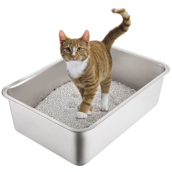 Bac à Litière Chat XL50 * 35 * 15cm, Bac en Acier Inoxydable Toilette Chat Anti Odeur pour