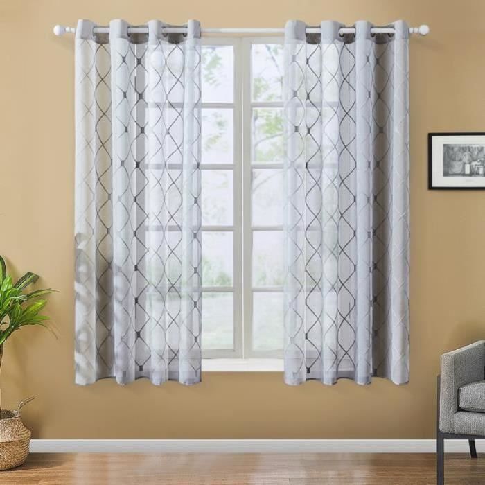 Lot De 2 Voilages Transparents Style Lin - Motif Géométrique Dégradé Beige/blanc - Avec œillets, Hauteur 145 Cm - Pour Salon/chambre