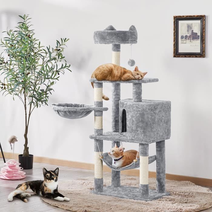 Comparer les prix de Arbre à Chat avec Griffoir - YAHEETECH - Hauteur 138 cm - Gris Clair - Niche, Hamac, Panier, Condo