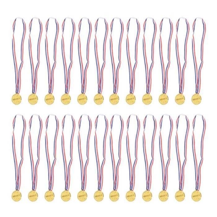 MALLOOM Lot 24 Médailles Enfants – Or Avec Rubans Rouge/Blanc/Bleu – Récompenses Sportives, Olympiades, Journée Sportive
