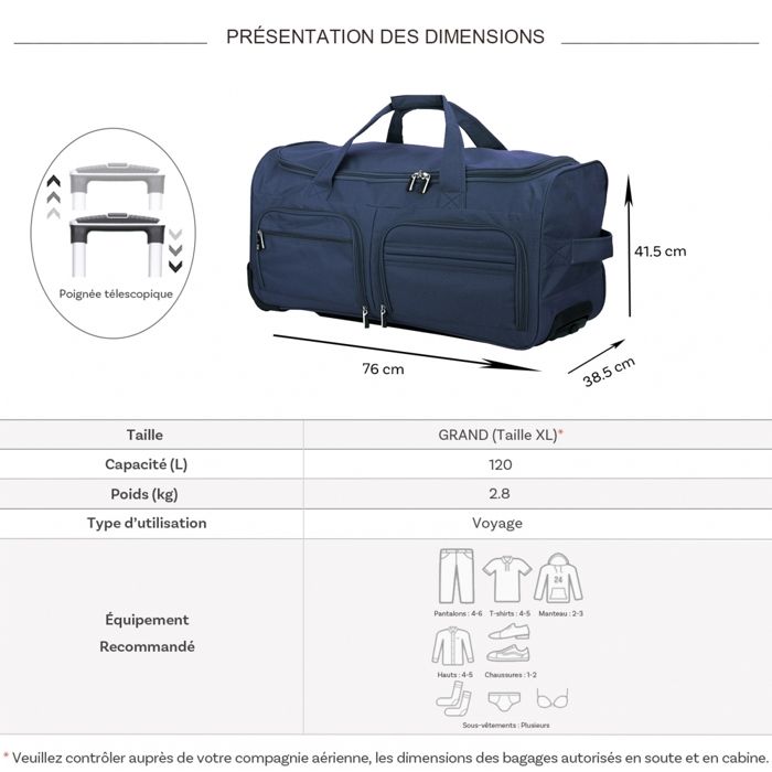 Sac de voyage avec roulettes 120L grand volume 76cm Bleu marine