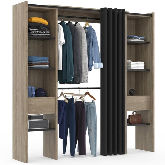 IDMarket Dressing Extensible MARTY 120-170 Cm - Hêtre & Noir - Double Penderie, 4 Étagères, Tiroir + Rideau
