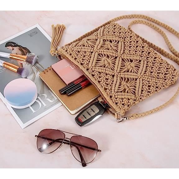 Sac à Main Femme En Paille Tissée - Grand Sac Bandoulière 38x27cm - Sac De Plage Été - Fermeture Magnétique