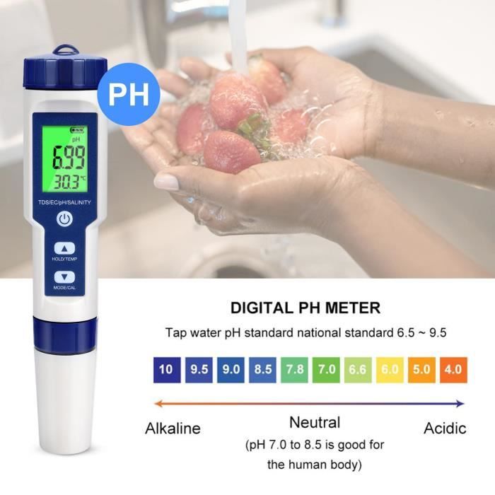 Testeur pH Piscine 5-en-1, pH Mètre Electronique numérique de qualité de  l'eau pour Tester Le pH/TDS/EC/salinité/Température de Haute précision,  Test
