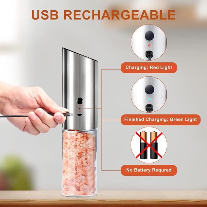 Moulins à Sel Et Poivre Électriques USB Rechargeables Avec LED - Acier Inoxydable