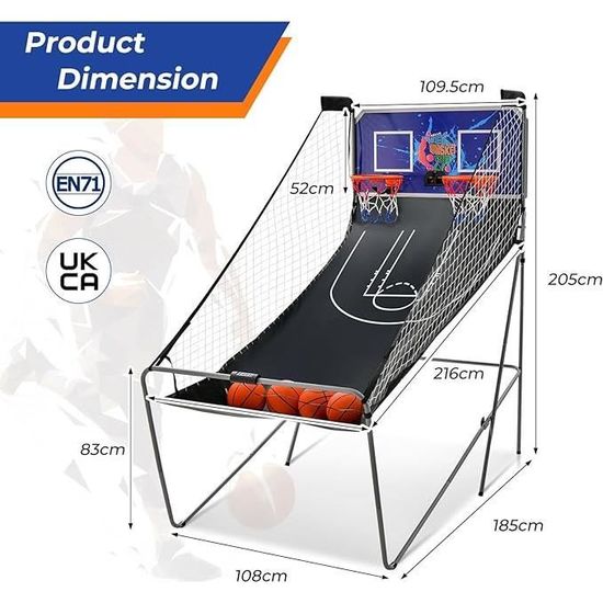 Panier De Basket Arcade Pliable Double Panier – 8 Modes, Score LED, 4 Balles – Pour Intérieur/extérieur