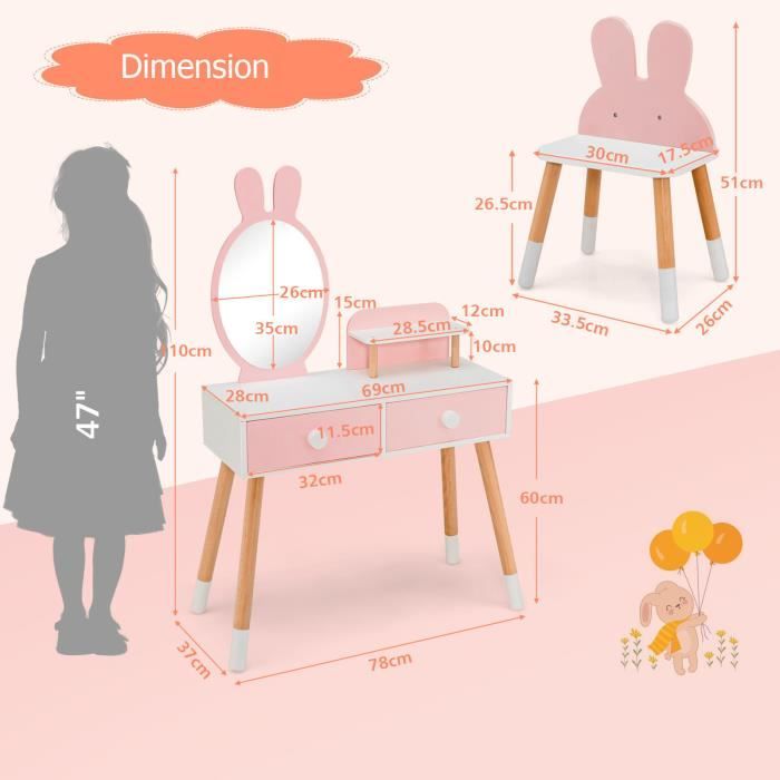 Coiffeuse Enfant avec Chaise et Miroir en Forme Lapin Table de