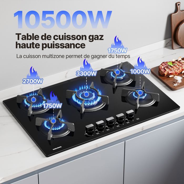 Plaque De Cuisson Gaz 5 Feux Avec Sécurité Thermocouple - Verre Trempé, Allumage Auto, Convertible NG/LPG | 90 Cm