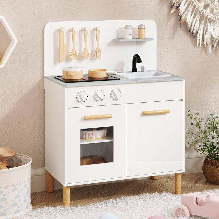 DREAMADE Cuisine d'Angle Enfants Jeu d'Imitation avec Four Cuisinière Evier Robinet Hotte