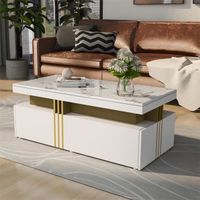 Table basse rectangulaire moderne avec plateau à motifs marbre en PVC et 2 tiroirs en bois - Blanc