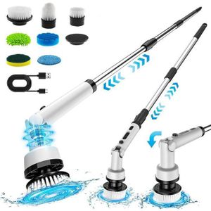 Brosse Nettoyage Électrique Rotative sans Fil, Tige télescopique, 8 têtes de Brosse Interchangeables, 3 Vitesses, Affichage LED, Salle de Bain, Cuisine, Voiture
