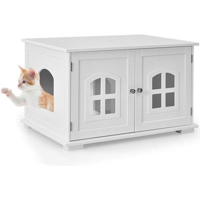 Meuble Cache-bac à Litière Pour Chat Avec 3 Griffoirs Et Plateforme - Dimensions 100x51x91 Cm - Gris Et Blanc - Multi-fonctions (litière, Jeu, Repos) - 8