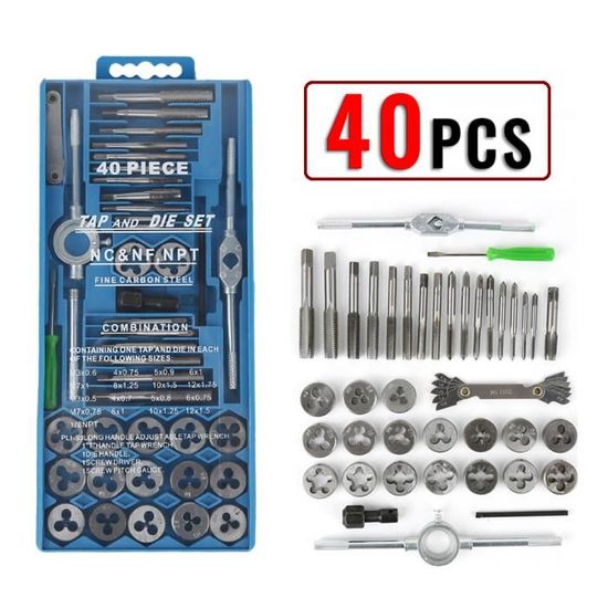 40 Pcs Kit de Taraudage en acier au carbone Coffret tarauds et