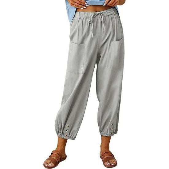 Pantalon Lin Femme PASUDA - Taille Haute, Jambes Larges - Confort été - Coton/lin élastique
