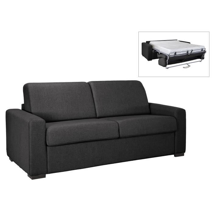 CANAPÉ CONVERTIBLE 3 PLACES LOUNA LUXE EN TISSU GRIS CARBONE OUVERTURE EXPRESS MATELAS 18 CM