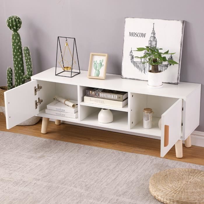 Meuble TV Blanc design nordique, Fabriqué en Bois de pin Massif, 2 porte et 2 étagères , 110 cm