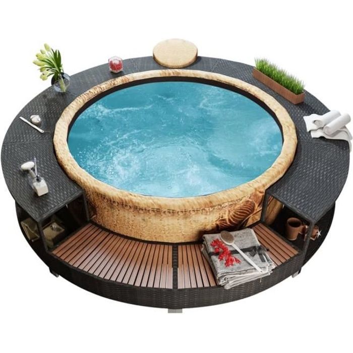 #4516Ergonomique Cadre de spa Contour de Spa Jardin Extérieur Haute qualité - SPA COMPLET - KIT SPA Noir Résine tressée