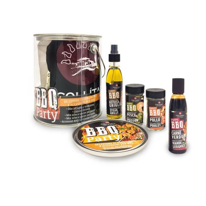 COLLITALI KIT BBQ : spray huile olive romarin / ail 150 ml, crème 150 ml, mix POISSON 50 g, mix VIANDE 50 g, gant, tablier.