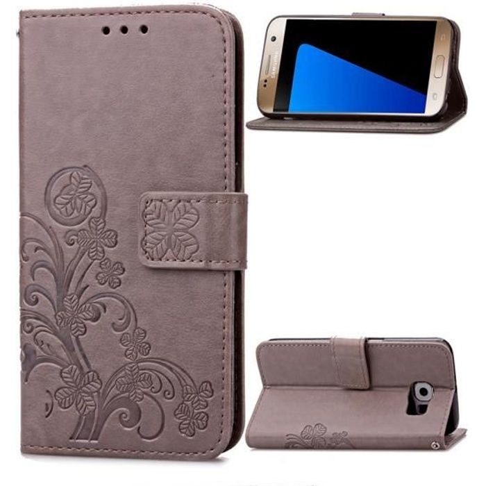 Étui Samsung galaxy S7–Imprimé Fleur Étui Housse Cuir Coque Portefeuille Pour Samsung galaxy S7-Gris