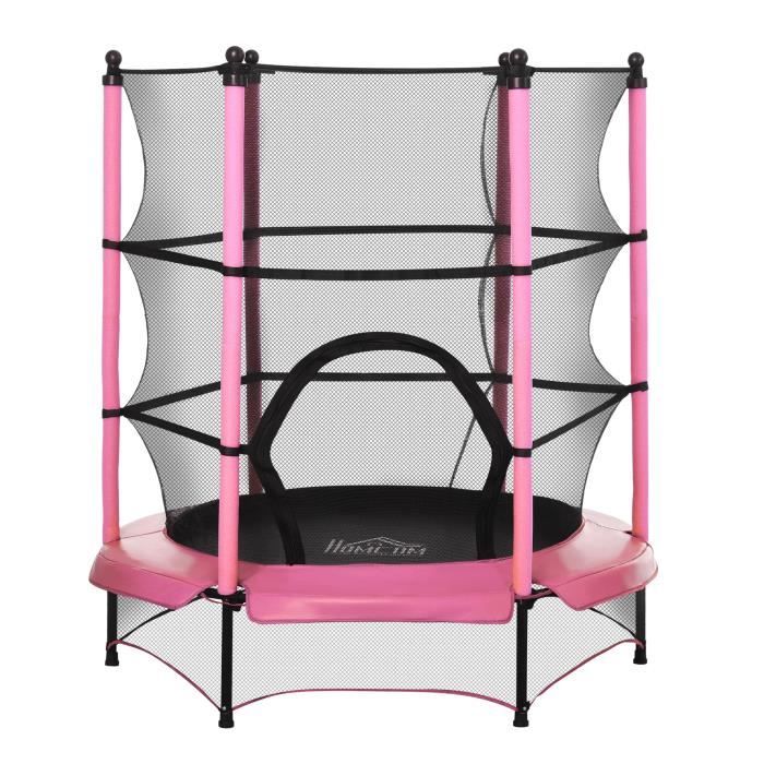Trampoline de jardin enfants Ø 1,40 × 1,62H m filet de sécurité porte zipée couvre-ressorts + 6 poteaux rembourrés inclus rose