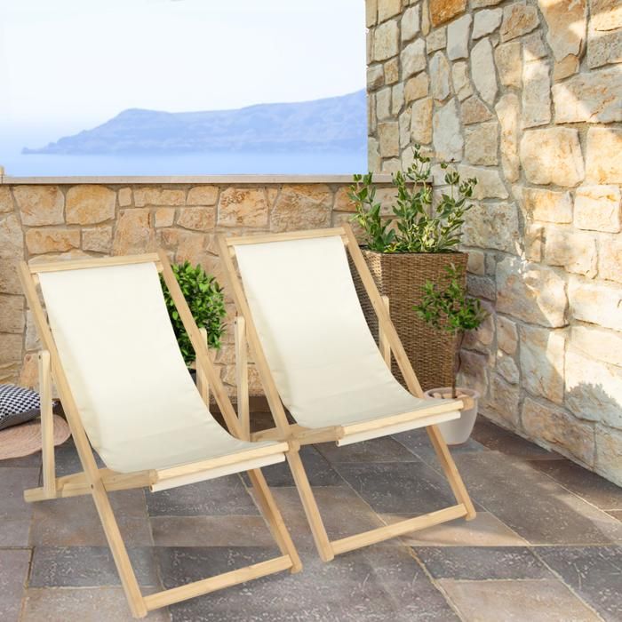 Lot de 2 chaises longues pliantes en bois avec toile écrue