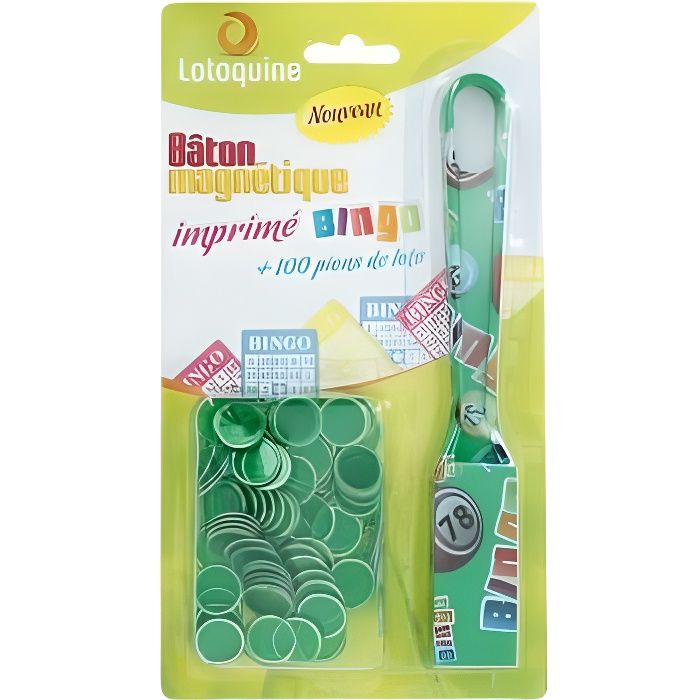 Set Baton magnetique vert Bingo Loto + 100 pions aimantes - Ramasse jetons - Accessoire soiree Loto, kermesse