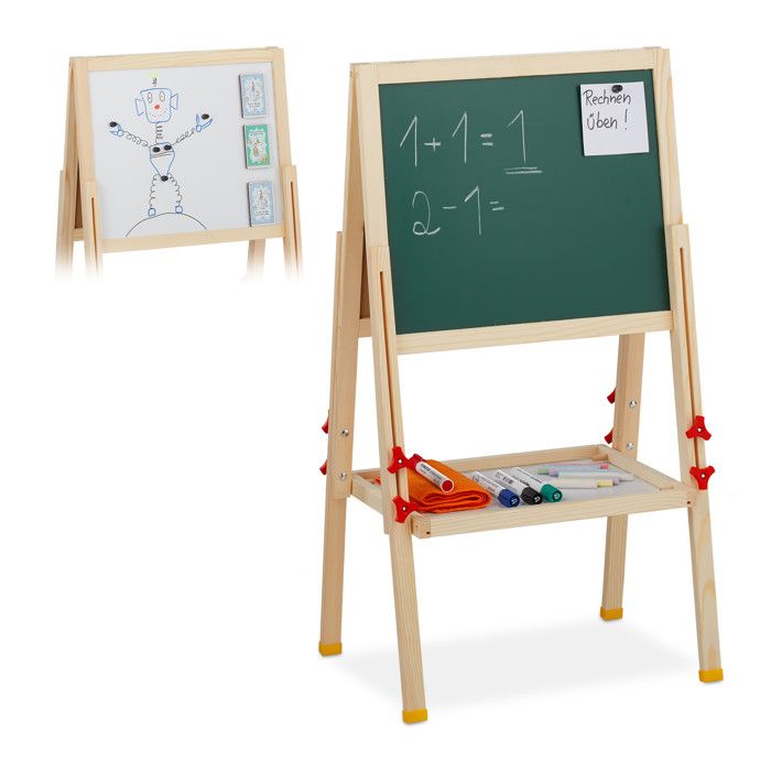 Relaxdays Tableau droit enfant réglable en hauteur et magnétique, en bois, Blanc et à craie, 81-104 x 45 x 42 cm,nature -