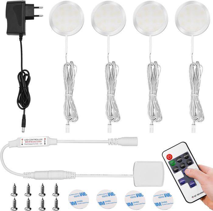 4 Lampes LED Sous Meuble Rondes - Éclairage Cuisine Placard - 3000K Blanc Chaud - Télécommande - ALFFREUDE